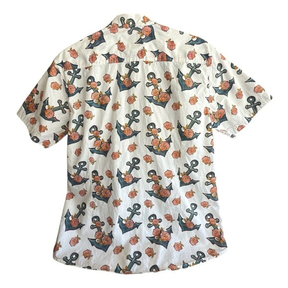 Alpha Beta Cotton Anchor Floral Collared Short Sleeve Button Down Shirt Men's L - Picture 2 of 6
